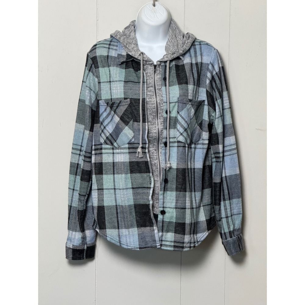 No Boundaries Women's Blue Plaid Hooded Flannel Shirt Layered Zip Up Large 12-14
